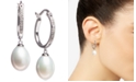 Macy's Cultured Freshwater Pearl (7 x 9mm) & Diamond (1/10 ct. t.w.) Hoop Drop Earrings in Sterling Silver